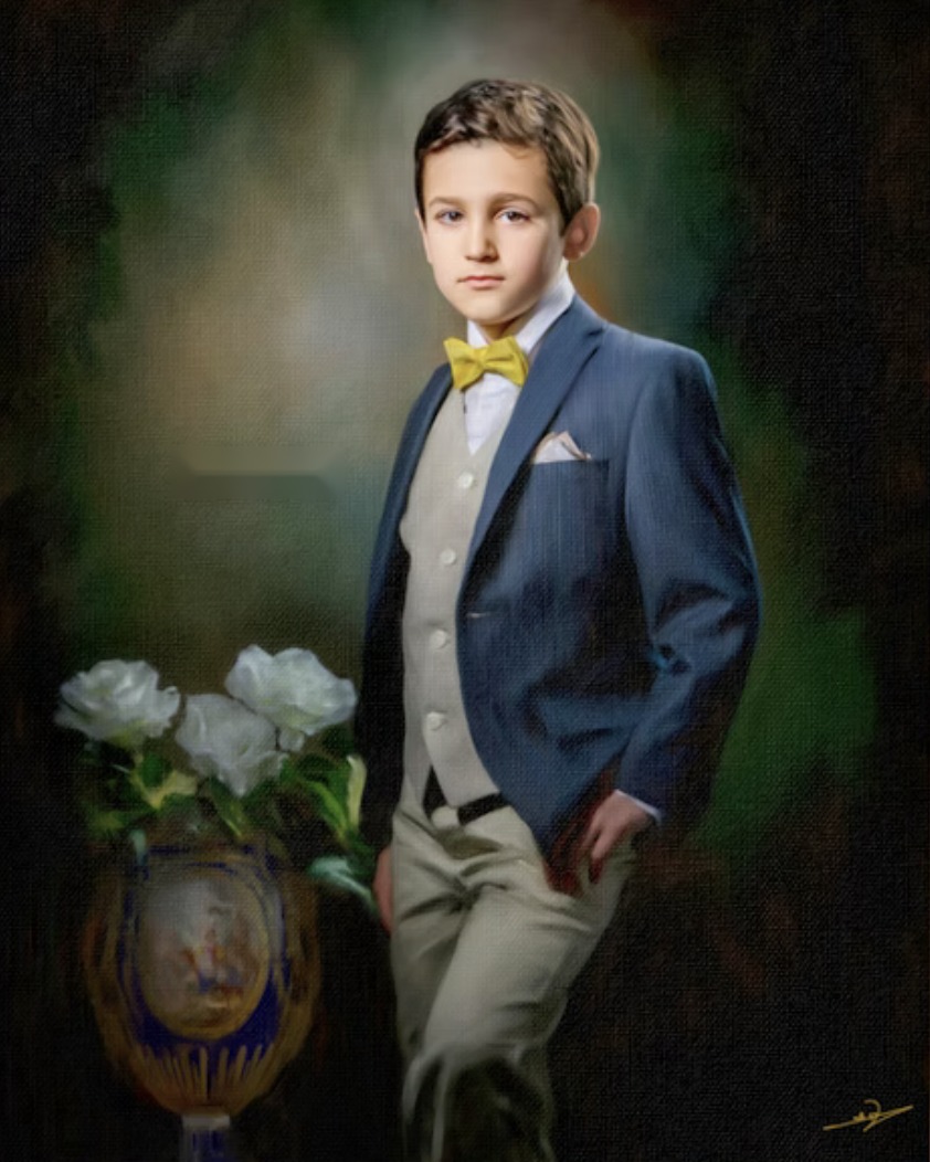 Fine art portrait of a boy in a blue suit with white roses, by Udi Edni