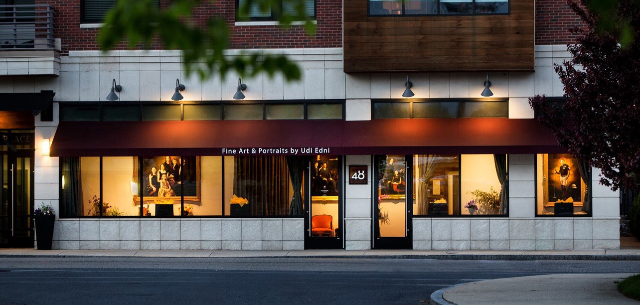 The 48FineArt studio storefront at dusk, Needham